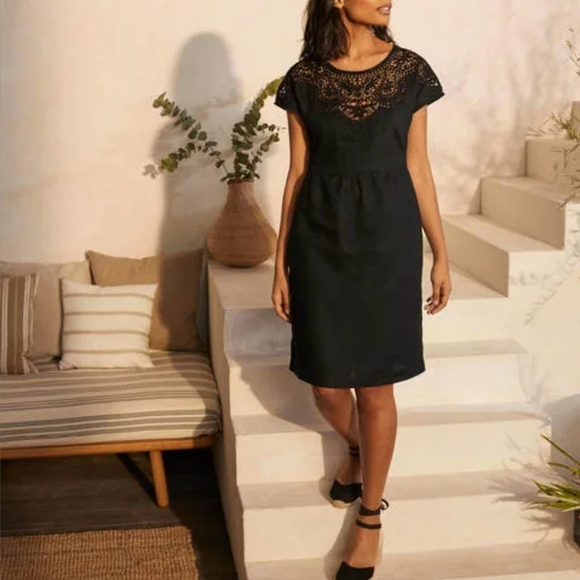 Boden | Fleur Embroidered 100% Linen Crochet Dress in Black Size 2 - Picture 1 of 12